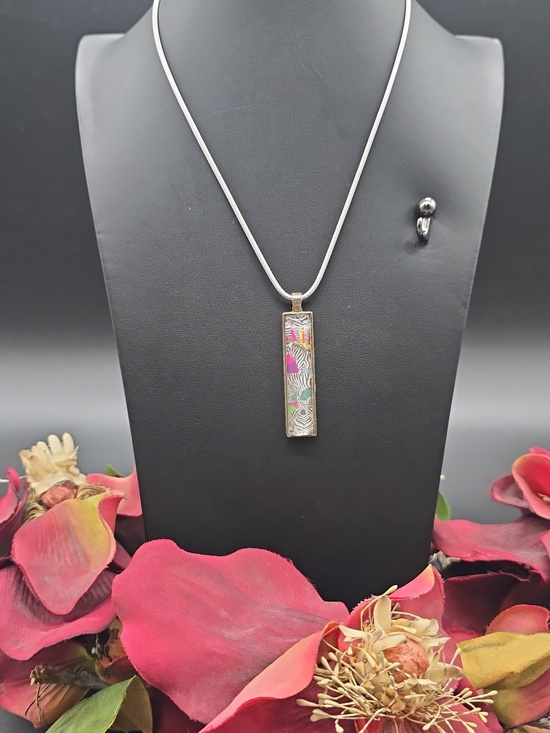 Hand Crafted Jewelry - Hand Crafted | Silver Necklace w/Multicolor Rectangle | Glass Pendant
